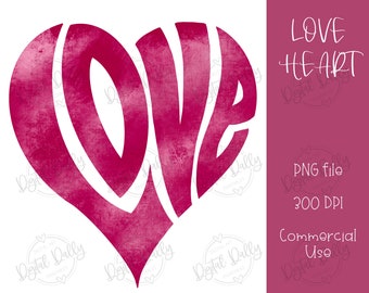 Puede incluir: Un corazón rosa de acuarela con la palabra "LOVE" escrita en su interior. El corazón es una descarga digital, un archivo PNG, 300 DPI, y para uso comercial.
