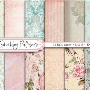 Wzory papieru Shabby, tekstury vintage, rustykalne tła papierowe z kwiatami, papier do scrapbookingu do pobrania natychmiast do użytku komercyjnego