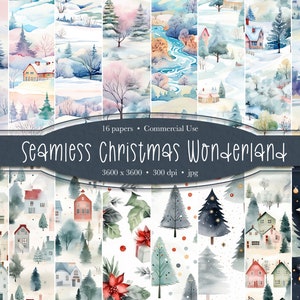 Nahtloses Weihnachtsmuster, Weihnachtspapier, Winterwunderland, Weihnachtslandschaft für Hintergrund, Handwerk, Stoff, Geschenkpapier, festlich niedlich