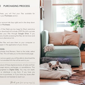 May include: A light green sofa with two peach-colored pillows and a fringed throw. A French bulldog rests on a dog bed in front of the sofa. The image includes text about the purchasing process for digital downloads.