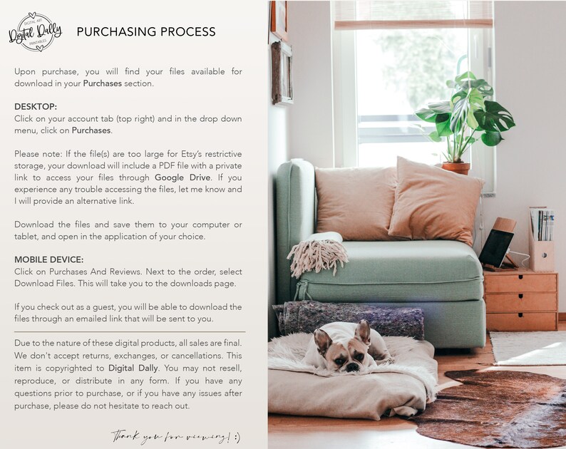 May include: A light green sofa with two peach-colored pillows and a fringed throw. A French bulldog rests on a dog bed in front of the sofa. The image includes text about the purchasing process for digital downloads.