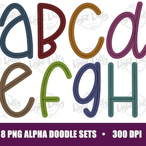 May include: Eight PNG files of doodle alphabet letters in various colors. The letters are A, B, C, D, E, F, G, and H. The letters are outlined in black and have a hand-drawn style. The letters are 300 DPI.