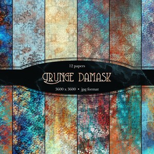 May include: Twelve digital papers featuring a grunge damask pattern in shades of blue, green, red, orange, and brown. The papers are 3600 x 3600 pixels and in jpg format.