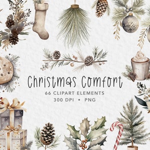Christmas Clipart, Cozy Christmas, Neutral Color Christmas, Holiday Clipart, Christmas Tree, Ornaments Clipart, Watercolor Christmas Wreath