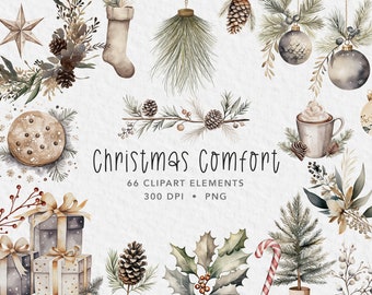 May include: A set of 66 watercolor Christmas clipart elements in PNG format, featuring a variety of festive imagery, including a Christmas tree, ornaments, holly, a stocking, a candy cane, a mug of hot chocolate, a gingerbread cookie, and pine cones. The text "Christmas Comfort" is written in a handwritten font.