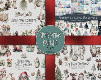 Peut inclure: Un lot d'illustrations numériques de Noël en aquarelle. Le lot comprend 171 éléments, dont des chalets confortables, des scènes d'hiver et des personnages festifs. Le texte "Christmas Bundle" est affiché dans un grand cercle vert.