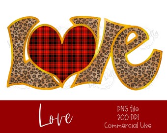 Puede incluir: Un diseño gráfico digital que presenta la palabra "LOVE" en letras doradas con un patrón de estampado de leopardo. La "O" se reemplaza por un corazón de cuadros rojos y negros.