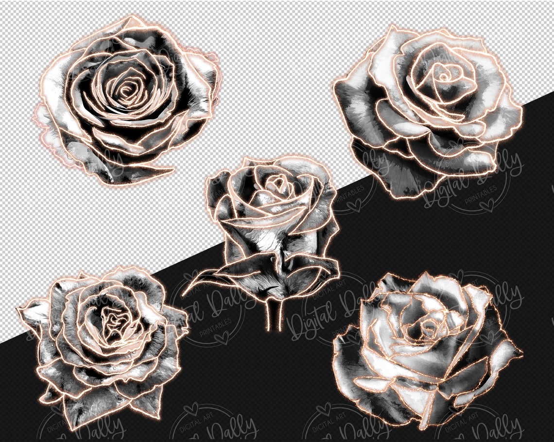 Silver and Copper Glam Rose Clip Art, Black Roses, Digital Instant ...