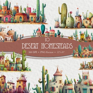 Maisons du désert mignon png, art naïf, adobe art, cactus clipart, plantes grasses, art du sud-ouest, maisons naïves, art simple, art de la ferme, americana