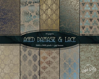 Aged Damask Paper, lace paper and linen digital paper vintage grunge distressed backgrounds for print or download, linen texture