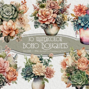 Boho Flowers Clipart Set - Boho Bouquet, Bouquet de mariage, Clipart aquarelle, succulentes du sud-ouest, pour un usage commercial Téléchargement instantané