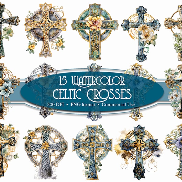 Celtic Cross Clipart - Watercolor crosses, floral cross, PNG format instant download for commercial use