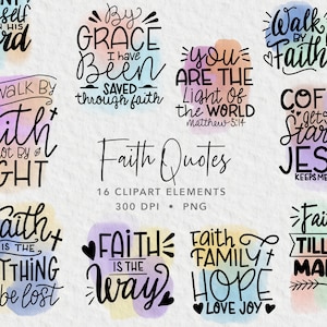 Citações de fé, clipart cristão, citações sobre fé e escrituras em aquarela pastel, adesivos de planejador, escritura png, citação cristã