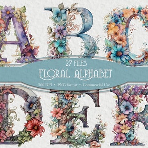 Floral alfabetten letters, aquarel brief clipart PNG bundel, bloemen letters, bloemen illustraties, transparante PNGs, belettering, Ampersand