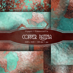 Copper Texture Patina Digital Paper, shimmer antique copper, rustic metallic paper backgrounds distressed copper and patina blue green