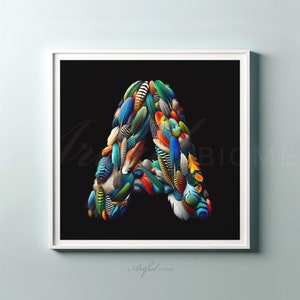 Letra maiúscula A download instantâneo cores tropicais arte de parede cor brilhante penas de pássaros em fundo preto sólido decoração de parede monograma um presente