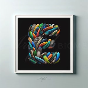 Inicial E Art Download instantâneo Pena de pássaro exótico Arte digital Monograma E Presente para impressão Letra E inspirada em pássaro Arte de parede Decoração de vibração tropical