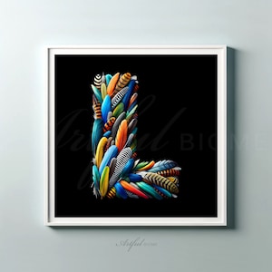 Arte de pared imprimible Monograma L Capital L Diseño digital Pluma de pájaro exótico DIY Primera letra colorida L Nombre Signo Etiqueta Decoración del hogar Idea de regalo