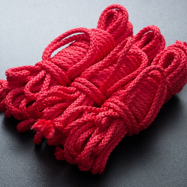 Red bondage rope for shibari and BDSM play - colorful nylon, polypropylene. 6mm 1/4" thick. 8m, 4m, 30ft, 15ft