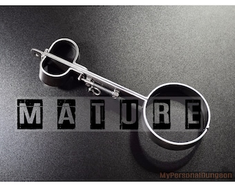 Self-bondage fiddle, pillory, cangue, steel restraint for neck and wrists. Metal bondage, medieval handcuffs, iron manacles, dungeon irons