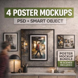May include: A display of framed poster mockups, showcasing various scenes. The image features a collection of framed art prints, including a person walking on a street. The text reads "4 Poster Mockups" and "Poster Mockup Bundle 15 Scenes Included".