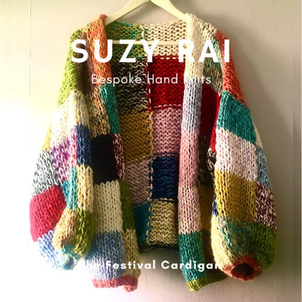 Handknit Boho Style Patchwork Cardigan Oversized Festival Chic