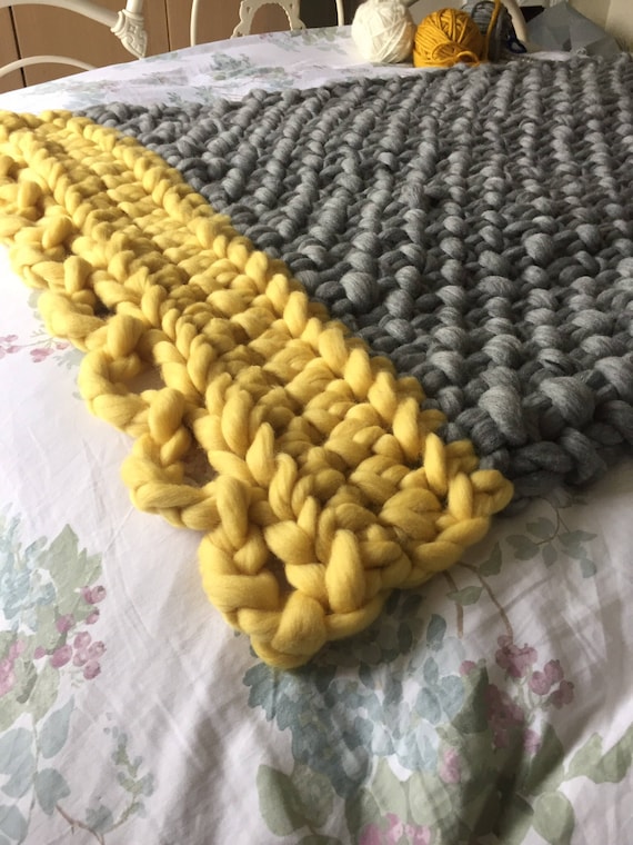 Giant Knit Blanket Throw Yellow and Grey Merino Big Knit Outdoor Living Etsy
