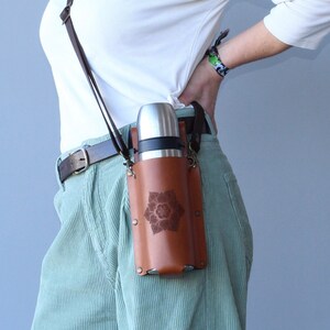 Mandala Leather Bottle Holder, Adjustable Crossbody Strap Flask Carrier Bag, Brown Belt Bottle Sling, Drink Caddy