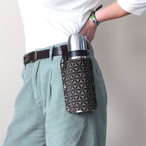 Grey Leather Bottle Holder With Flower of Life, Adjustable Crossbody Strap Flask Carrier Bag, Belt Bottle Sling