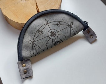 Rolltasche aus Leder mit Heiligen Geometrie Symbolen| Auge Kräuter und Tabak Mix Schüssel | Graues tragbares Mischtablett