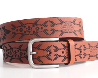 Laser Engraved Leather Belt: Geometric Tribal Pattern, Unisex