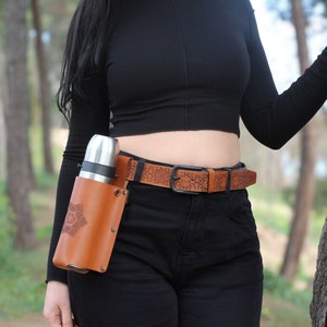 Mandala Leather Bottle Holder, Adjustable Crossbody Strap Flask Carrier Bag, Brown Belt Bottle Sling, Drink Caddy