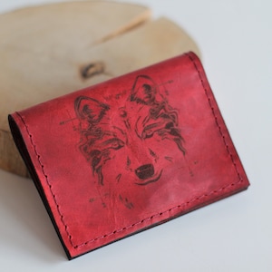 Tarjetero de cuero, Lobo, Mini billetera plegable, Estuche para dinero, Accesorio de geometría sagrada, Kartenhalter, Rojo, Compacto, Clip para dinero, Mujer