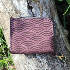 Piccolo portafoglio in vera pelle, custodia per carte Art Déco compatta, borsa per soldi con cerniera viola, porta soldi, custodia con clip, borsa per monete, Ledergeldbörse