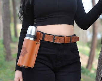 Mandala Leather Bottle Holder: Adjustable Crossbody Flask Carrier