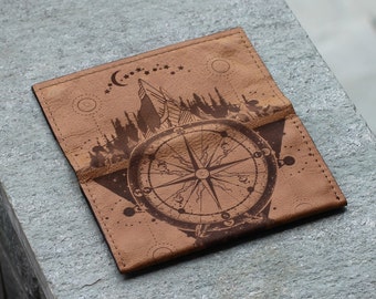 Leather Tobacco Pouch with Mountain Compass | Brown Personalised Rolling Bag