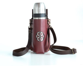 Leather Bottle Holder, Adjustable Crossbody Strap Flask Carrier Bag, Flower of Life Belt Bottle Sling, Drink Caddy