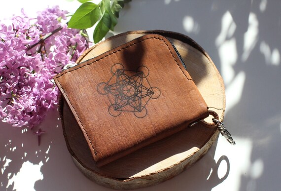 Small Genuine Leather Wallet Zipped Money Purse Brown Card Case Minimalist Money Holder Metatron Cube Pouch With Clip Ledergeldborse Etsy UK
