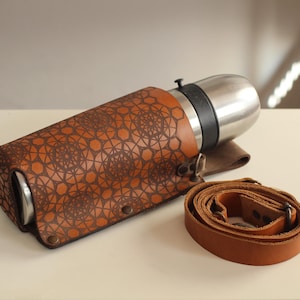 Brown Leather Bottle Holder: Geometric Flower Mandala, Adjustable Crossbody Strap Drink Carrier