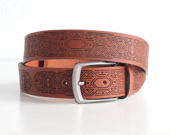 Art Deco Leather Belt: Laser Engraved Geometric Pattern