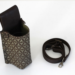 Olive Green Leather Bottle Holder With Flower of Life, Adjustable Crossbody Strap Flask Carrier Bag, Belt Bottle Sling