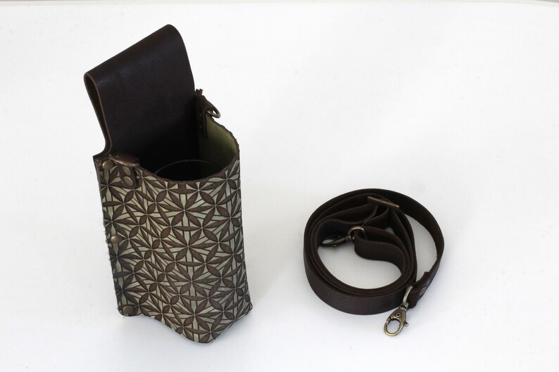 Olive Green Leather Bottle Holder With Flower of Life, Adjustable Crossbody Strap Flask Carrier Bag, Belt Bottle Sling