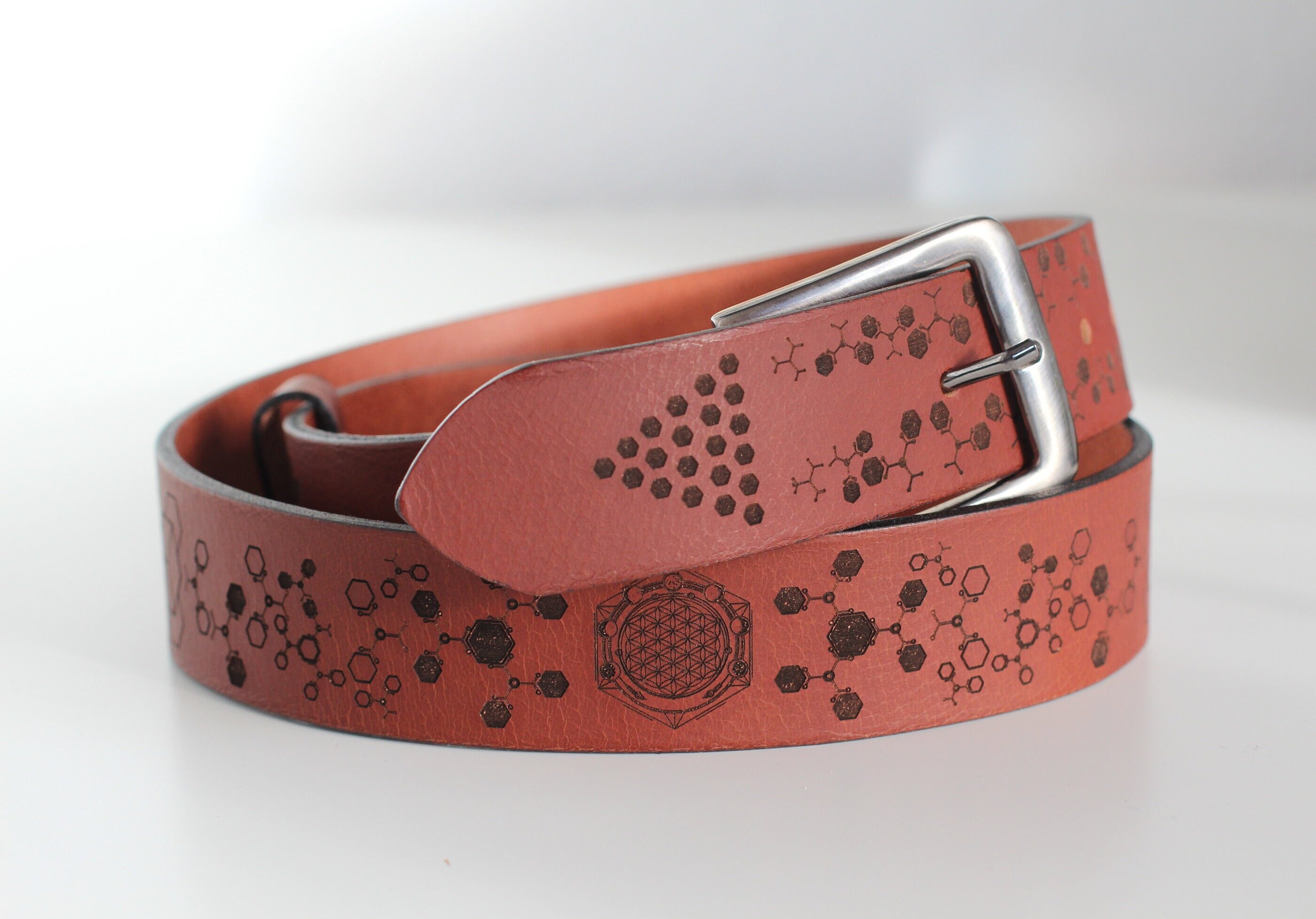 Leather Flower of Life Belt Brown Molecule Waistband - Etsy