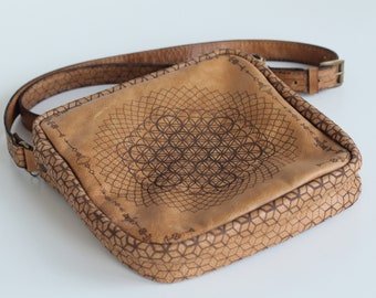 Brown Flower of Life Leather Messenger Bag