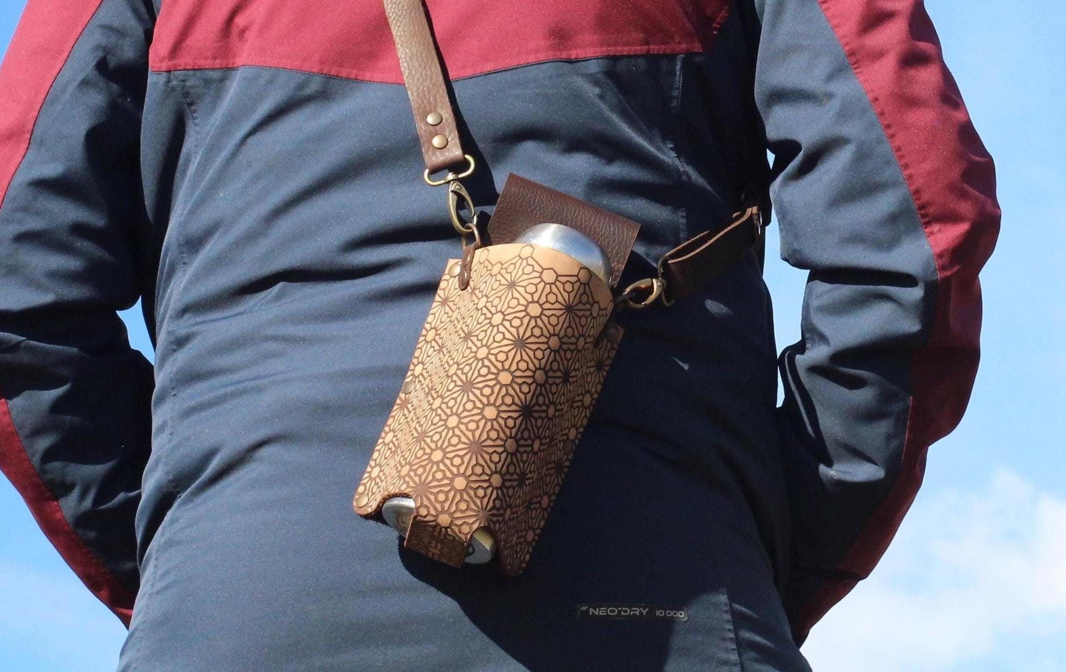 Leather Bottle Holder: Hexagon Flower, Adjustable Crossbody, Belt Sling
