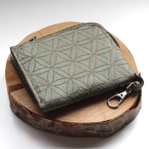 Blume des Lebens Kleine Geldbörse aus Leder mit Metallclip |  Unisex Grün Kompakte Geldhalter | Heilige Geometrie Kartenetui