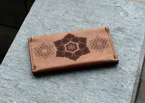 Genuine Leather Tobacco Pouch With Engraved Mandala, Personalised Handcrafted Rolling Cigarettes Case
