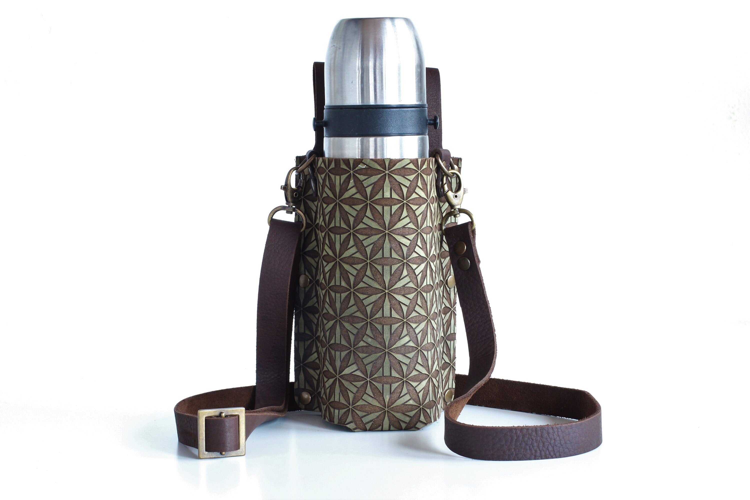 Leather Bottle Holder: Flower of Life Flask Carrier with Adjustable Strap