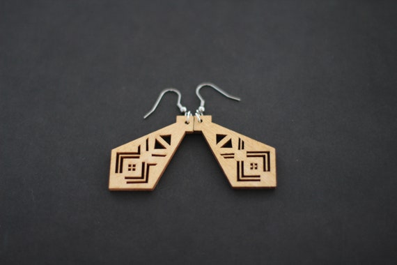 Silver Colored Diamond Shaped Wooden Laser Cut Earrings