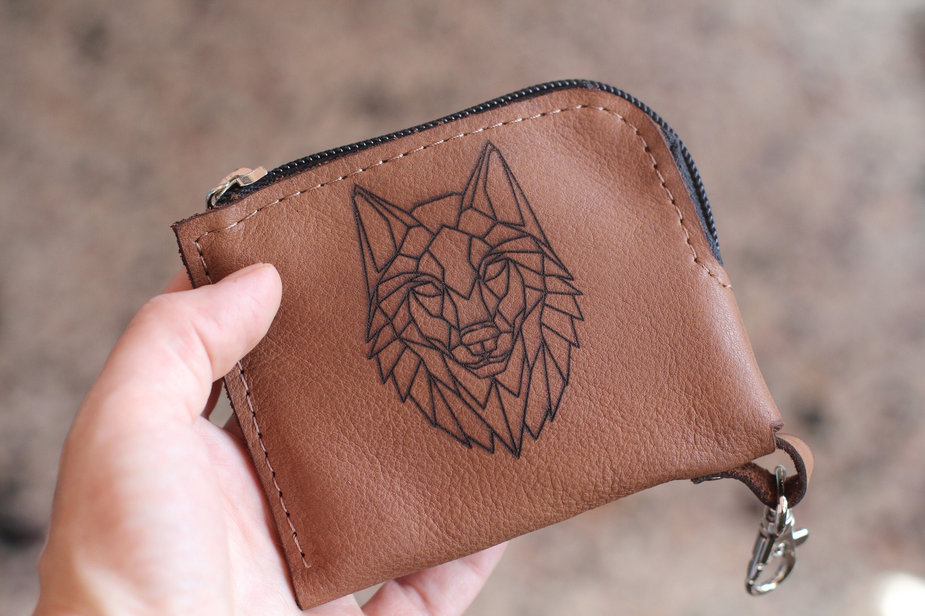 Small Genuine Wolf Leather Wallet, Seed of Life Compact Purse, Brown Zipped Money Case, Card Holder, Coin Purse with Clip, Christmas Gift